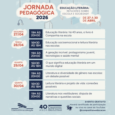 Programa��o da Jornada Pedag�gica 2026, de 27 a 30 de abril, com encontros online sobre educa��o liter�ria, diversidade e mundo digital, com certificado e transmiss�o no YouTube.