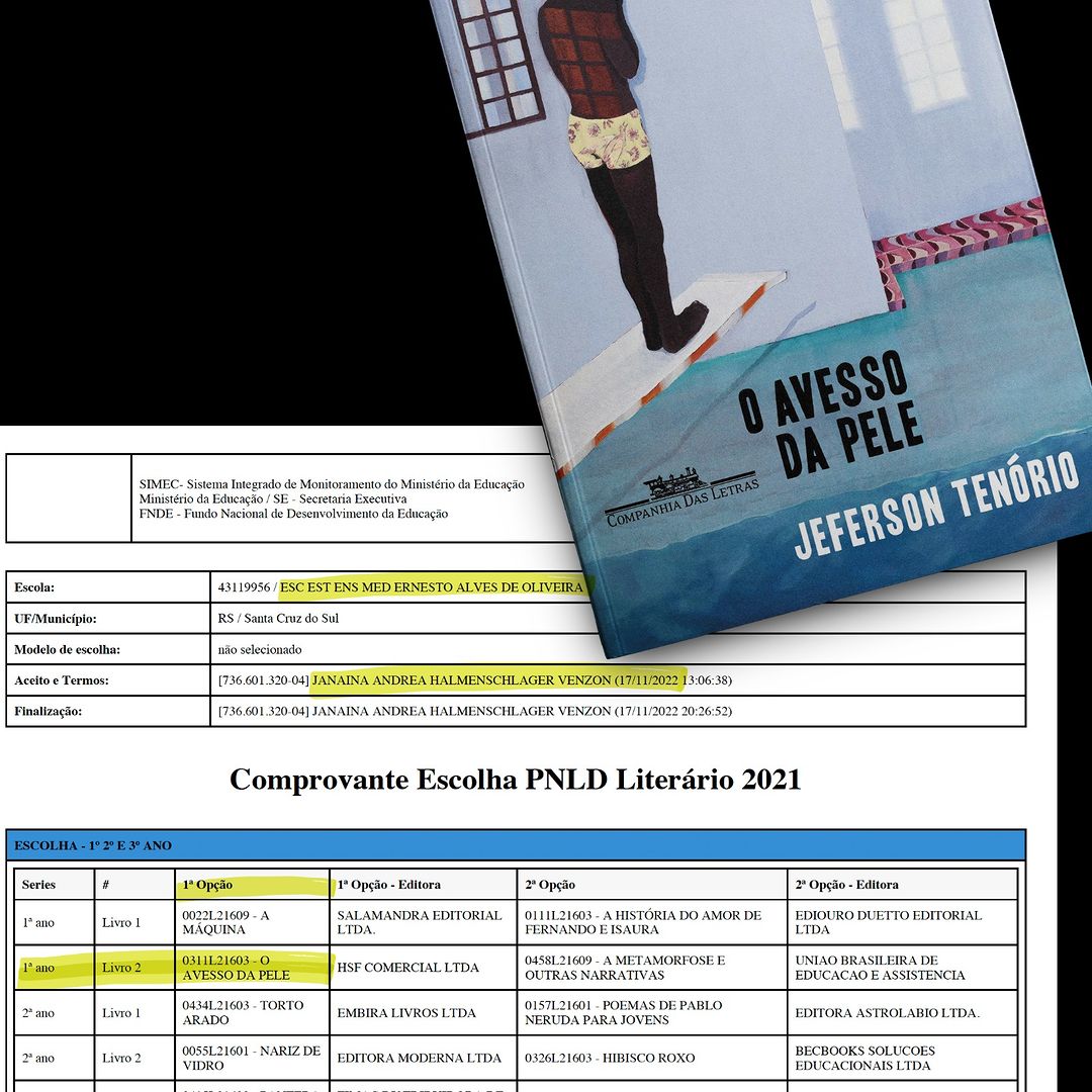 Comprovante de escolha do livro O avesso da pele para o PNLD literário de 2021