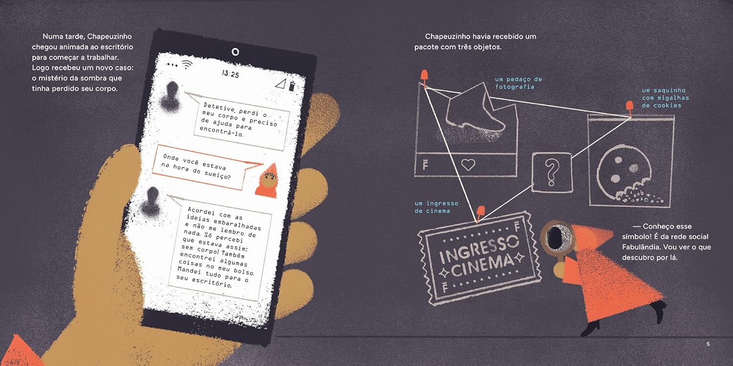 Ilustra&ccedil;&atilde;o do livro Detetive Chapeuzinho e o mist&eacute;rio da sombra digital (Companhia das Letrinhas, 2024)